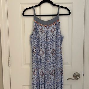 boho blue maxi with double slit pom sides